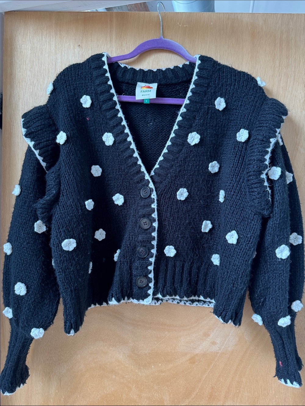 FARM Rio Black Cropped Cardigan with White Stitched Floral Accents